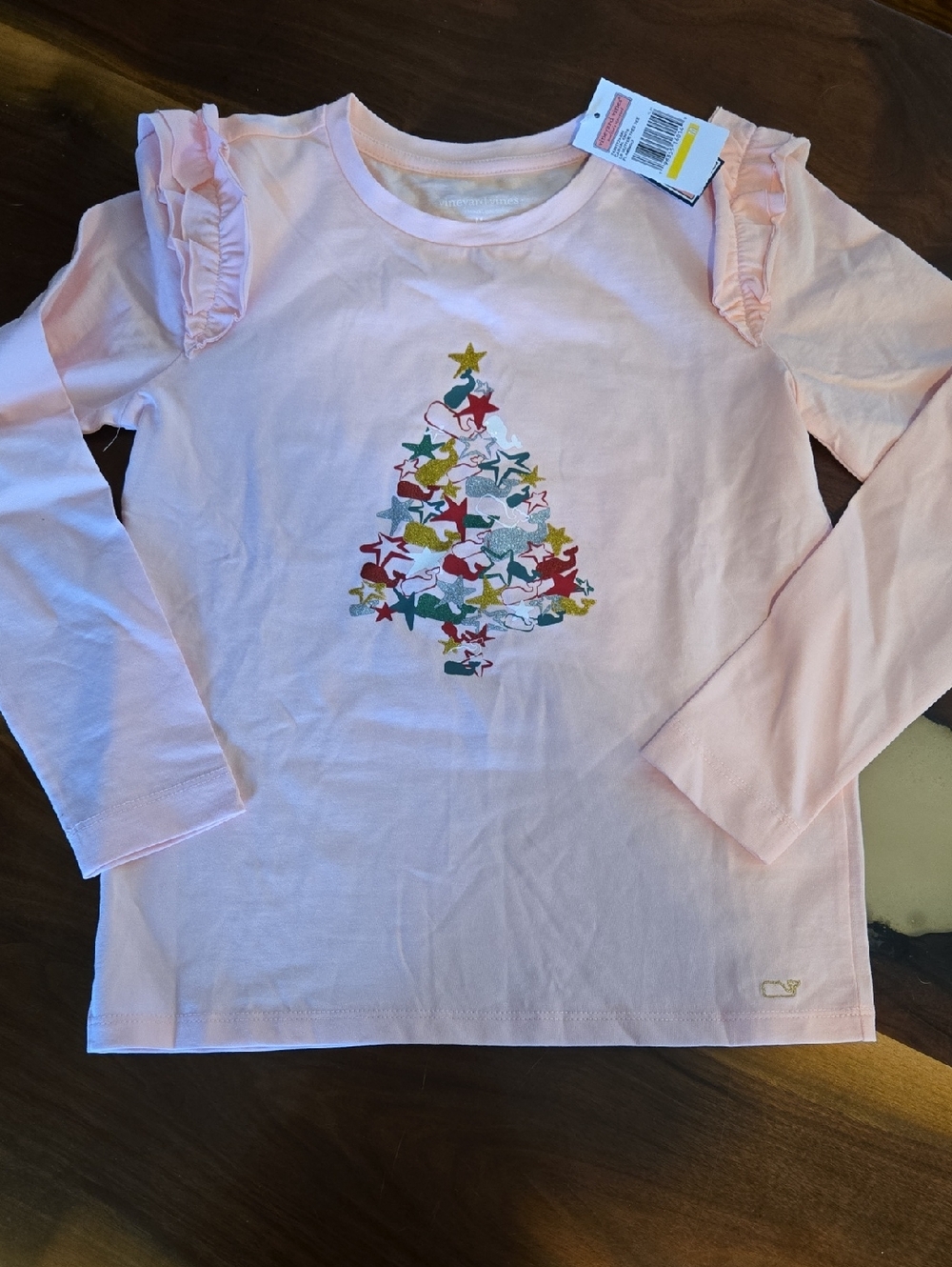 Vineyard Vines Pink Long-Sleeve Ruffle Shoulder Tee with Star Tree